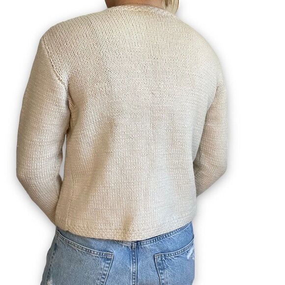 Vintage Womens Hand Knit White Wool Preppy Boxy Fit Handmade Boho Cardigan Sz M - Picture 4 of 6